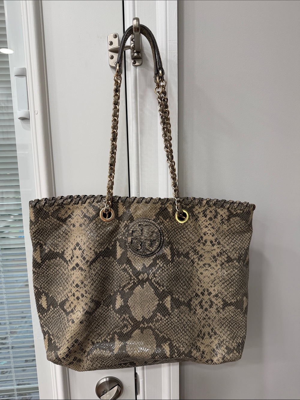 Tory Burch Snake-Print Tote in Taupe and Black